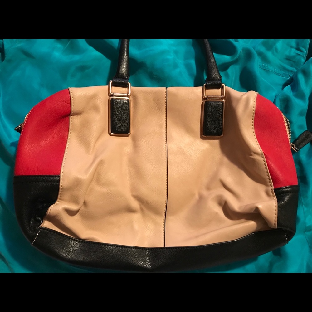 ALDO Color Block Red Black & Tan Bowler Bag
